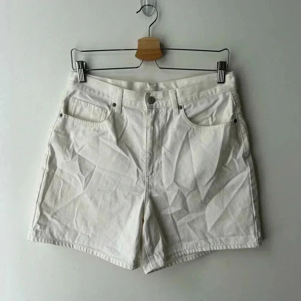 Uniqlo White Denim Shorts High Rise Women 30 Minimal Summer Capsule Classic - Picture 2 of 9
